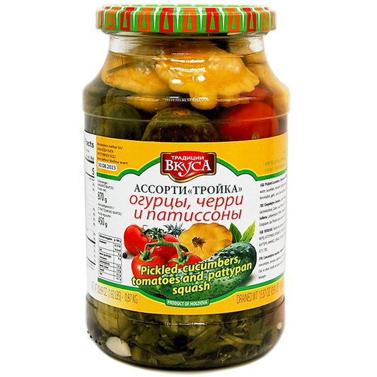 TROYKA PRESERVED CUCUMBERS, PATTYPANS & CHERR. TOMATOES 900G